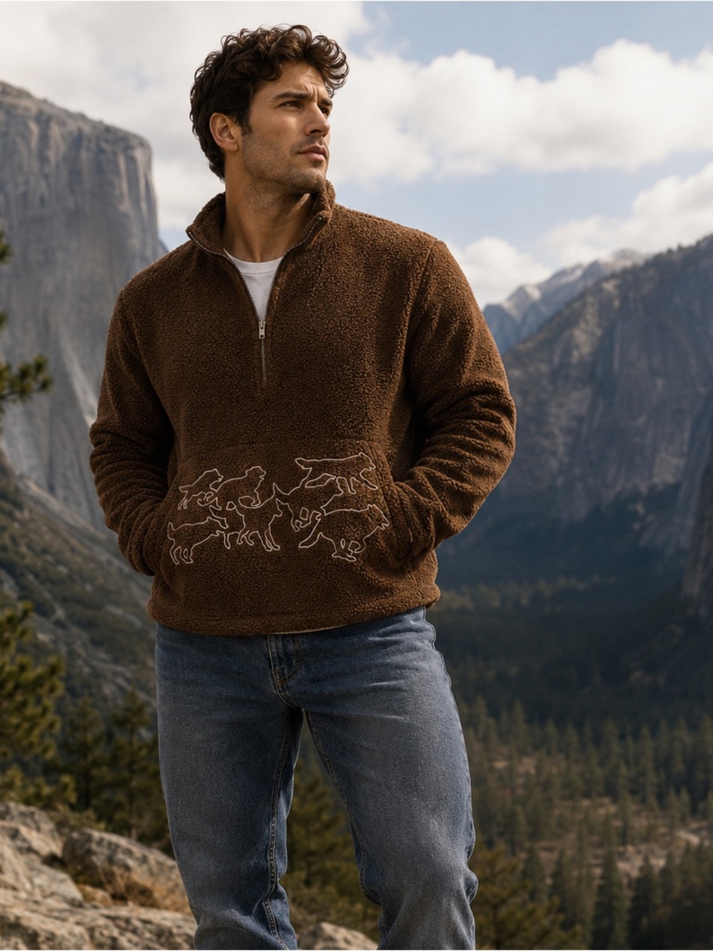 BDG Sweatshirt Fleece Half-Zip Mock Neck Large Brown Wolf Chainstitch NWT
